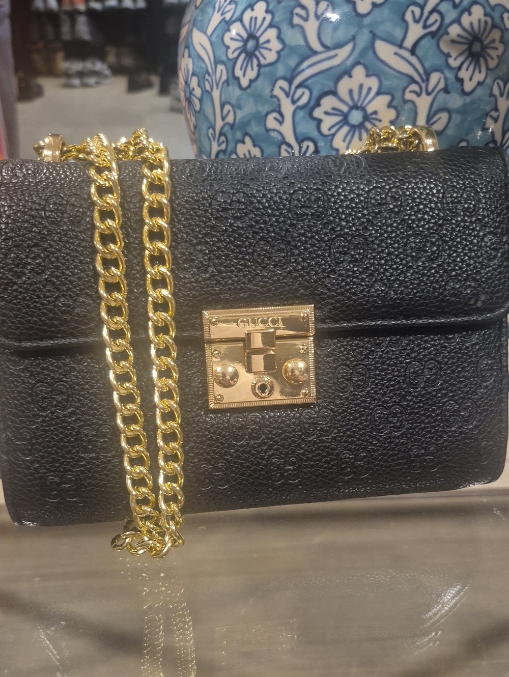 Gucci Black Textured Leather Crossbody with Gold Chain
